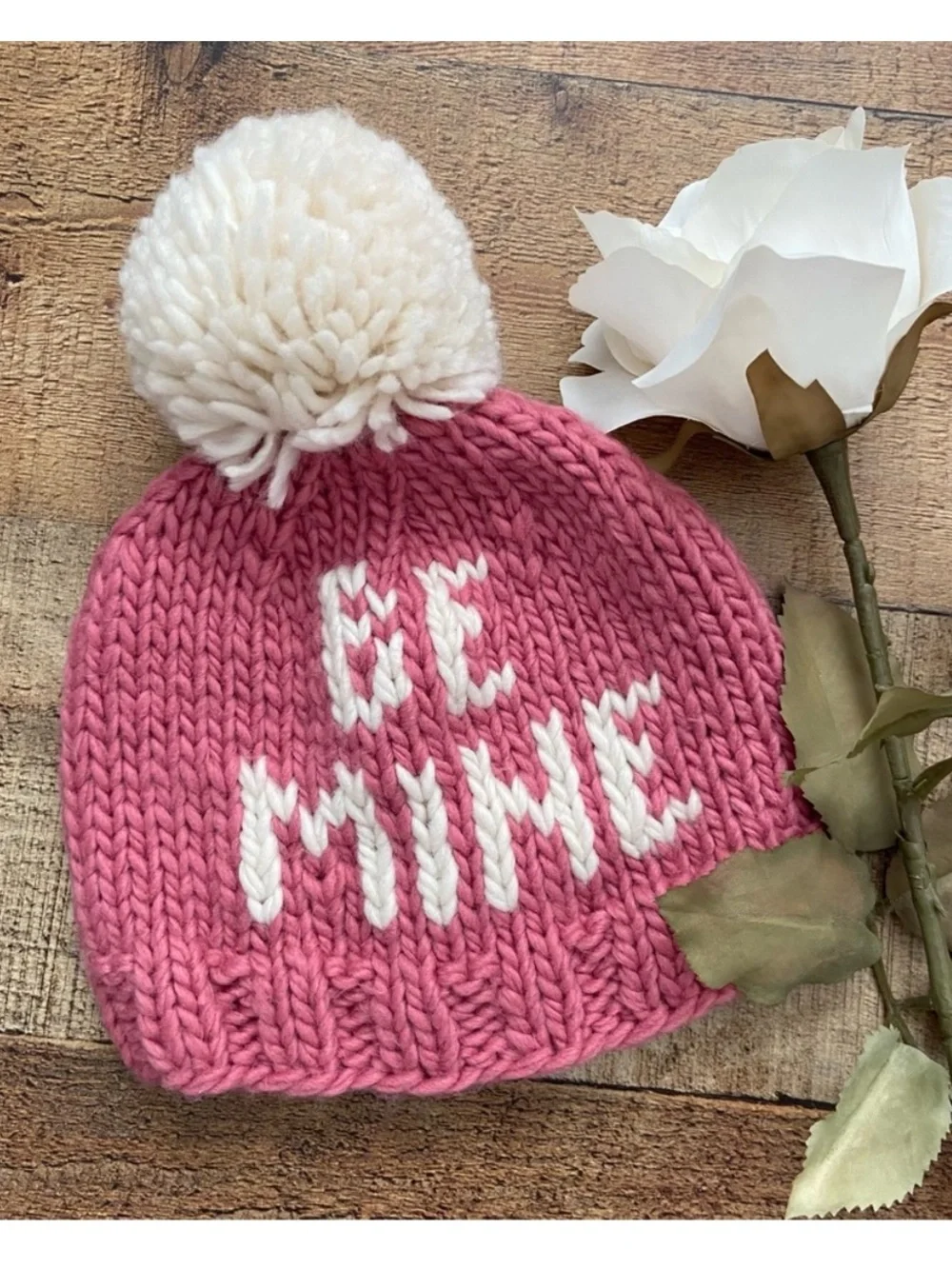 Beanie Hats (2) Hand Knit Cozy 2 HATS INFANT + Toddler Pom Pom Valentines Day